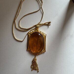 Vintage Amber Glass Intaglio Pendant Necklace